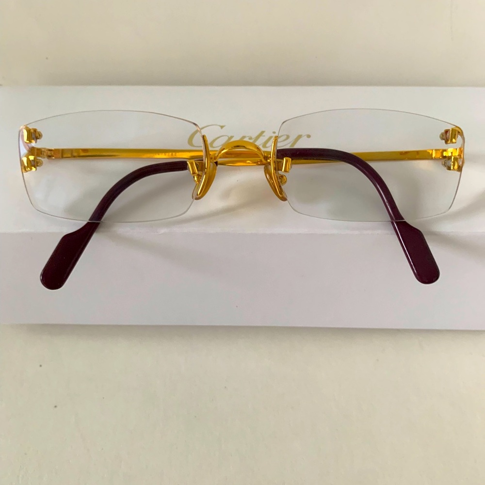 Cartier C Decor 22 K 135 Gold Plated and Burgundy Rectangle Rimless Eyewear - Picture 8 of 8